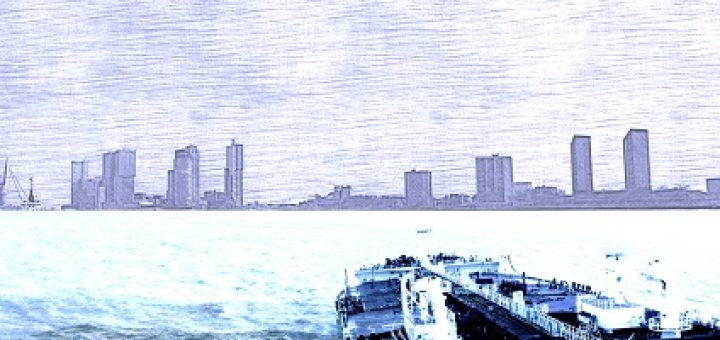 Tekening van schip in de Rotterdamse haven