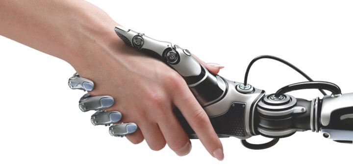 Handdruk van mens en robot amazon robotisering automatisering