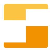 Een abstract logo met twee oranje vormen die een gestileerde letter "S" vormen op een witte achtergrond.