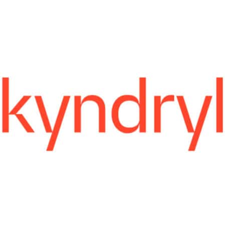 Kyndryl-logo met de naam in oranje kleine letters op een witte achtergrond.