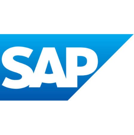 SAP-logo in witte tekst op een blauwe driehoekige achtergrond.
