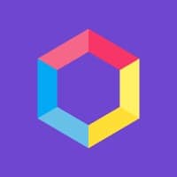 Zeshoekige geometrische vorm bestaande uit rode, roze, gele en blauwe blokken op een paarse achtergrond.