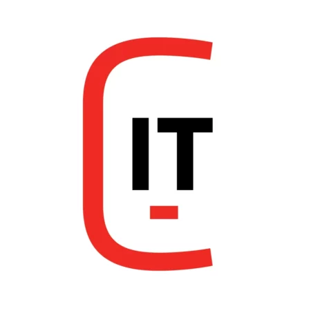 Een rode letter "C" omringt de zwarte letters "IT" en een rode stip eronder, waardoor de gestileerde tekst "CIT" op een witte achtergrond ontstaat.