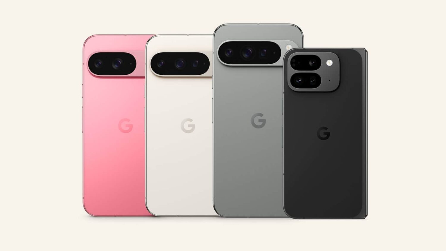 Google Pixel 9-familie Vier Google Pixel 9-smartphones worden rechtop getoond in roze, wit, grijs en zwart, waarbij de achterkant en achtercamera's te zien zijn - ideaal voor wie op zoek is naar geavanceerde smartphone software-ondersteuning.