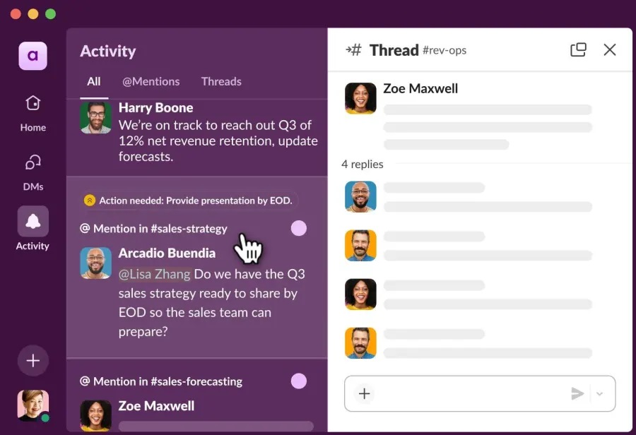 Slack AI-update 2 Een Slack-werkruimtevenster met activiteitsmeldingen en een berichtendraad met gebruikersavatars en tekstupdates over verkoopstrategie en retentiedoelen.