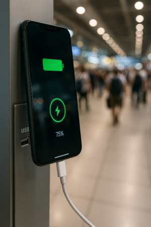 USB-kabel telefoon Een smartphone die wordt opgeladen bij een openbaar USB-station toont een batterijniveau van 75%, met een drukke, wazige terminal en mensen op de achtergrond - dit benadrukt de risico's van juice jacking in drukke openbare ruimtes.