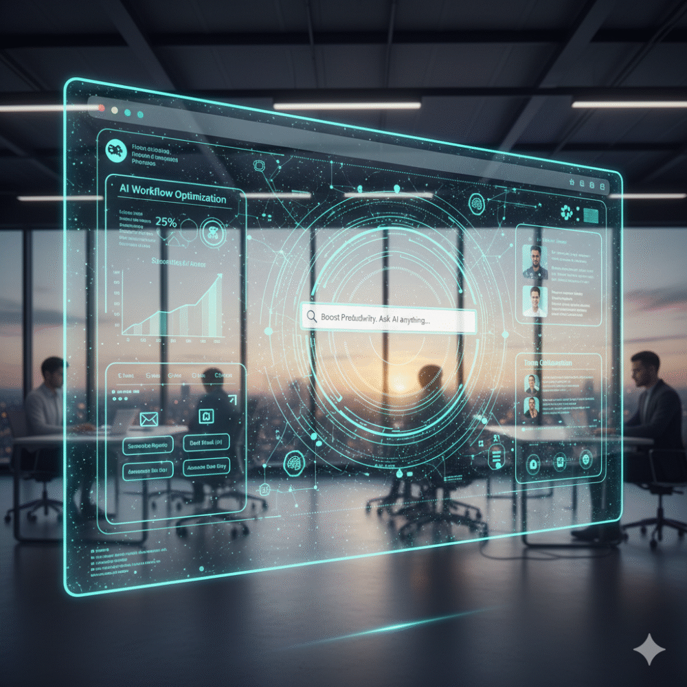 AI-browser 2 Een futuristische digitale dashboardinterface aangedreven door een AI-browser toont workflowgegevens en optimalisatiegrafieken in een modern kantoor met mensen aan het werk op de achtergrond.