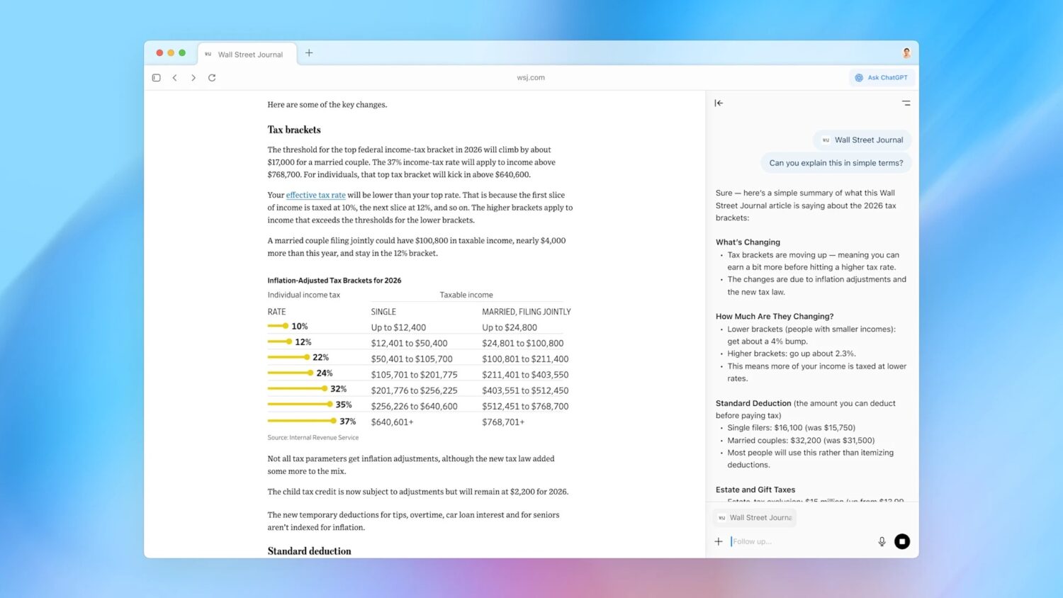 ChatGPT Atlas Screenshot van een AI-browser die een tabel toont met de Amerikaanse federale belastingschijven voor 2024 per inkomen en aangiftestatus, met verklarende tekst en een zijbalk met een overzicht van recente belastingwijzigingen.