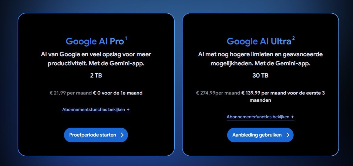 Er worden twee prijsplannen getoond: Google AI Pro met 2 TB opslag, één maand gratis, en Google AI Ultra met 30 TB opslag voor €139,99/maand voor de eerste 3 maanden. Beide zijn inclusief toegang tot de Google Gemini app.