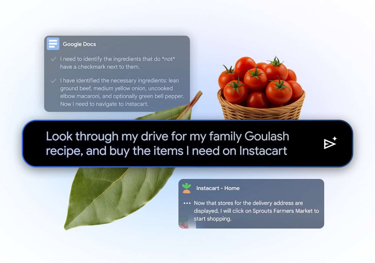 Google Gemini voorbeeld Een Google Docs checklist, een mand tomaten, een laurierblad en een Google Gemini-gestuurde Instacart webpagina worden getoond met een tekstoverlay over het kopen van goulashingrediënten op Instacart.