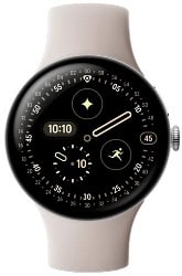 Google Pixel Watch 4 Een smartwatch met een rond gezicht en een beige band toont de tijd 10:10 en verschillende fitness- en activiteitspictogrammen op het zwarte scherm.