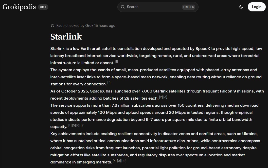 Grokipedia Screenshot van een webpagina van Grokipedia over Starlink, met details over de satellietinternetservice, functies, dekking, technologie en belangrijkste prestaties.