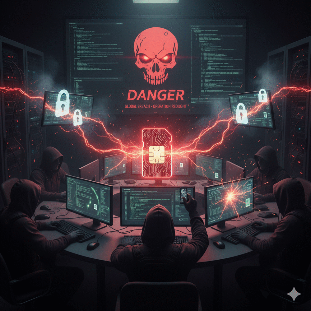 Hackers simkaart Vier mensen met capuchons werken aan computerstations in een donkere kamer, terwijl op een groot scherm een rood doodshoofd en de waarschuwing "GEVAAR" knipperen, om aan te geven dat Esim gehackt of cyberbeveiligd is.