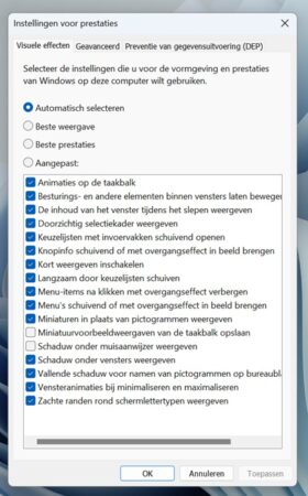 Een Windows 11-instellingenvenster in het Nederlands toont opties voor visuele effecten met meerdere selectievakjes, de meeste geselecteerd, en knoppen OK, Annuleren en Toepassen onderaan.