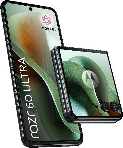 Twee opvouwbare Motorola Razr 60 Ultra smartphones worden getoond, één volledig geopend met het scherm en de andere gedeeltelijk opgevouwen met de achtercamera's zichtbaar.