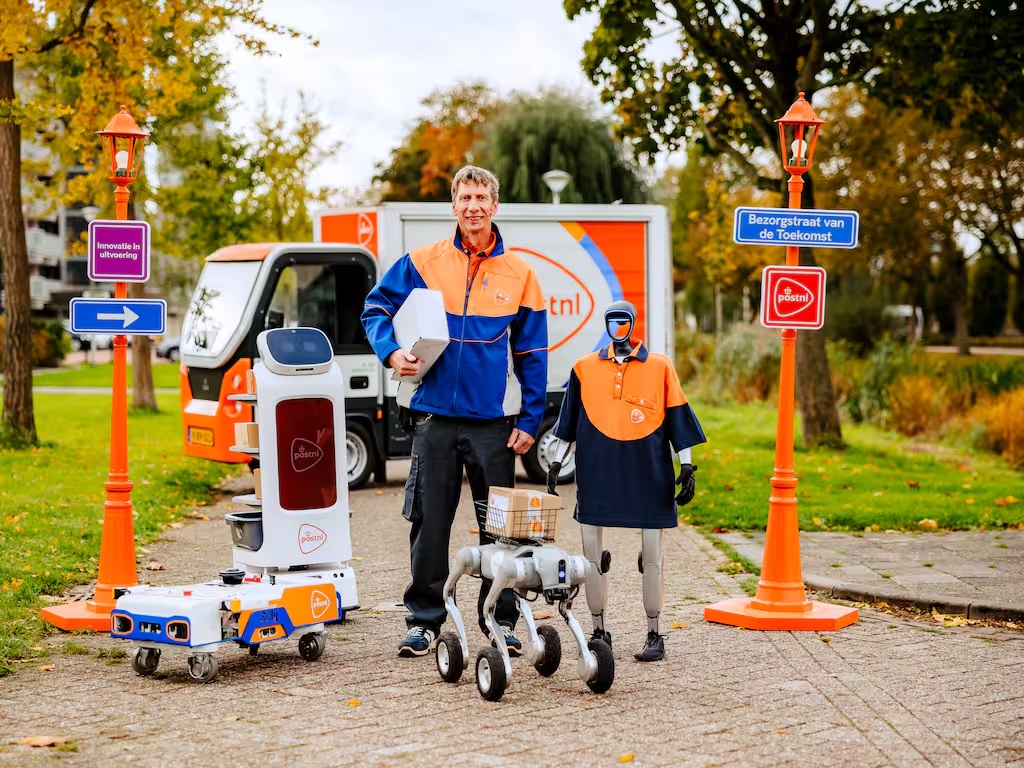 PostNL 2 Een postbezorger van PostNL staat buiten met bezorgrobots en een etalagepop, die pakketten vasthoudt bij een bezorgvoertuig, met borden en oranje kegels op de achtergrond.