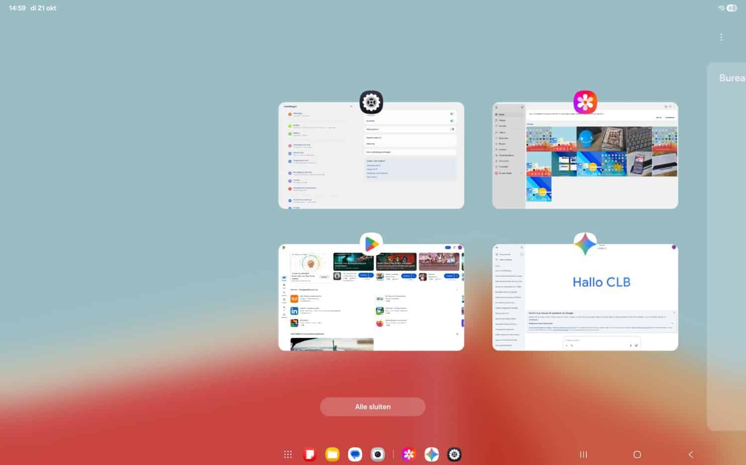 Tabletscherm van de Samsung Galaxy Tab S11 Ultra met drie geopende app-vensters met pictogrammen bovenaan, een vage pastelkleurige achtergrond en een knop met de tekst "Alle sluiten" onderaan.