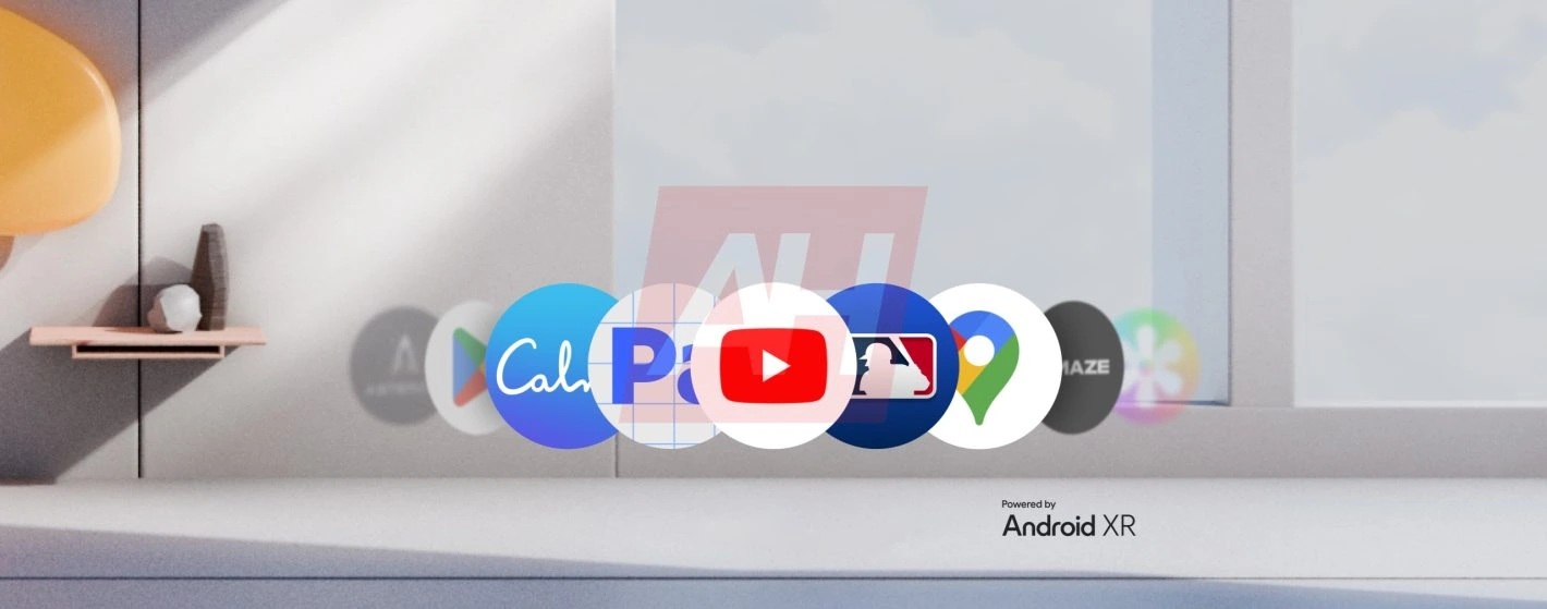 Samsung Galaxy VR-interface 2 Een rij app-pictogrammen, waaronder Calendar, Pay, YouTube, MLB en Maps, zweeft voor een muur met een raam en een plank. Ervaar het allemaal met Android XR op Samsung Galaxy VR.