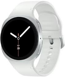 Samsung Galaxy Watch 8 Een slanke witte smartwatch met een ronde wijzerplaat die de tijd en datum weergeeft, met een minimalistische wijzerplaat in analoge stijl.