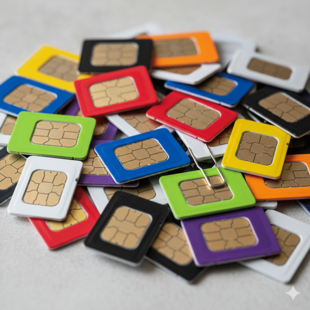 Simkaart Een stapel verschillende simkaarten en eSIM-houders in levendige kleuren ligt verspreid op een lichtgrijs oppervlak.