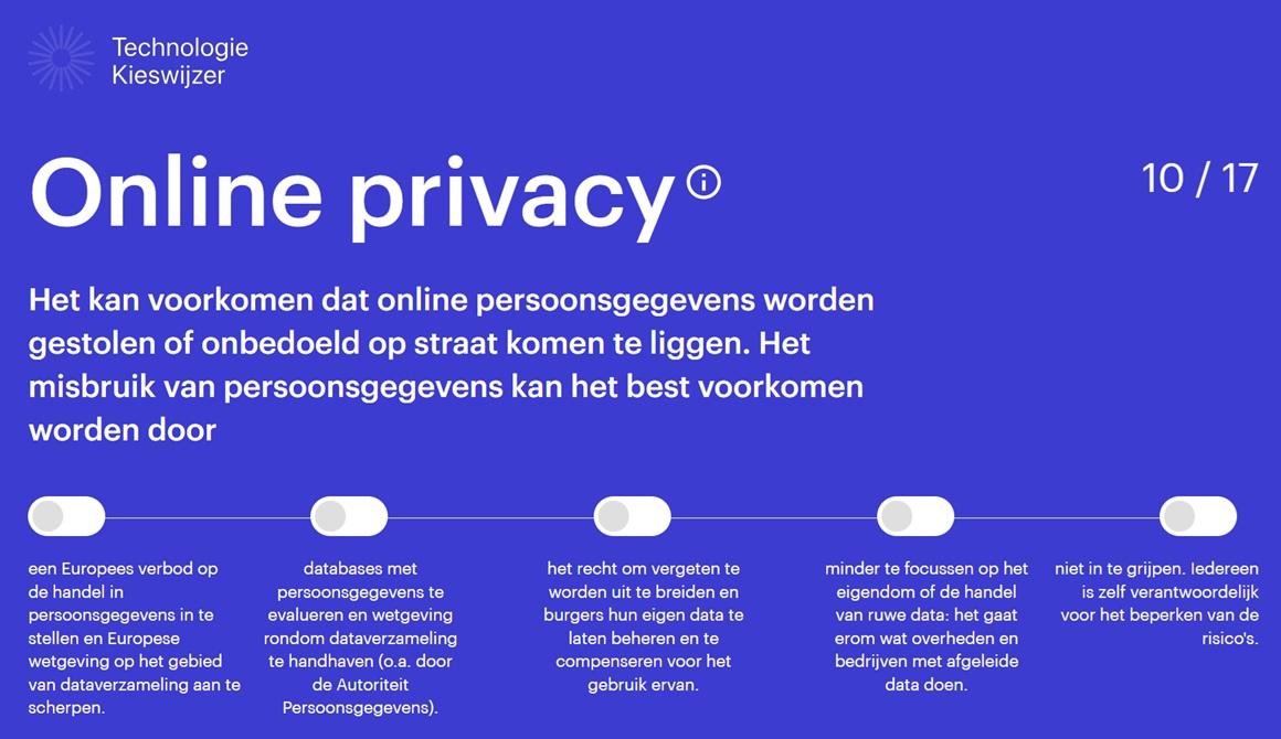 Een Nederlandstalige infographic over online privacy, met tips van Technologie Kieswijzer en belangrijke punten over de bescherming van persoonsgegevens, met tekst en schakelpictogrammen blauw en wit onderstreept.