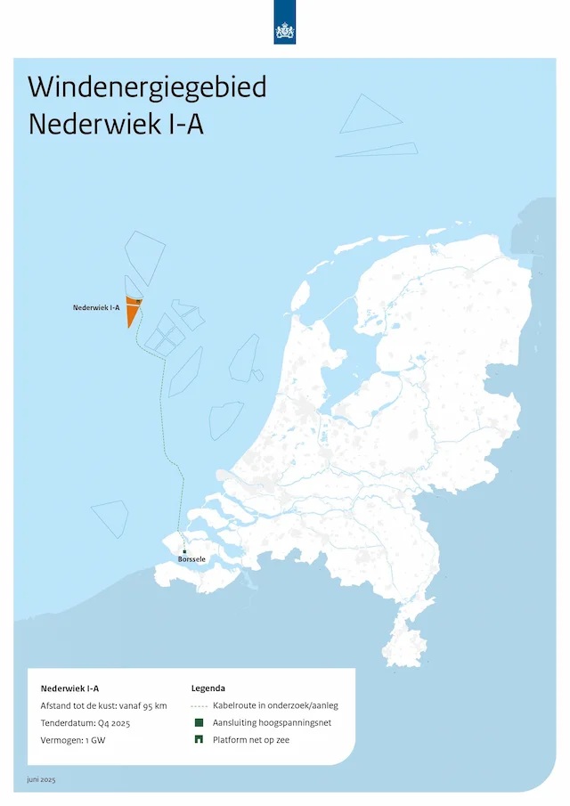 Kaart van Nederland waarop de locatie van het Nederwiek I-A offshore windenergiegebied is aangegeven met kabelroutes en platformlocatie.