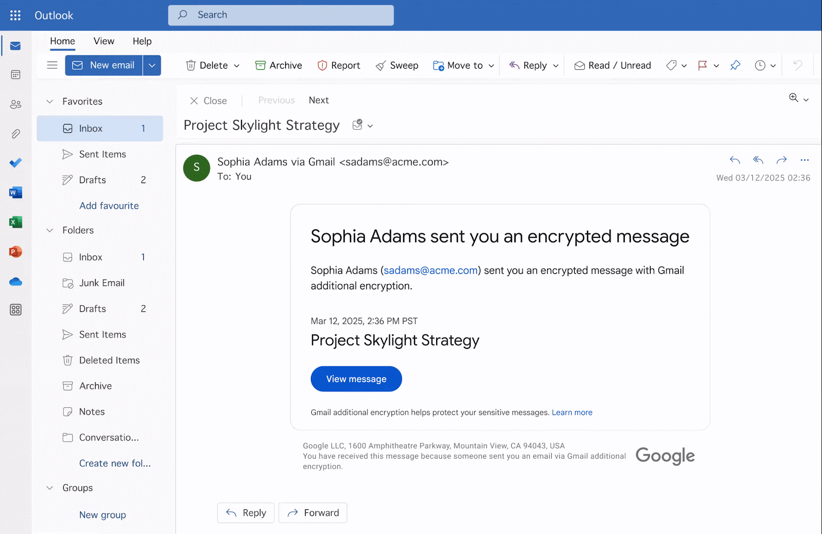 Screenshot van een Outlook-inbox met een e-mail van Sophia Adams via Gmail getiteld "Project Skylight Strategy," met daarin een versleuteld bericht met een link om de e-mail te bekijken.