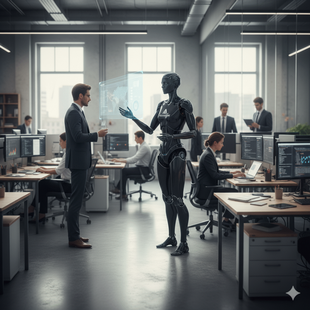 Een humanoïde robot-AI-agent interageert met een zakenman in een modern kantoor, digitale kaarten zweven in de lucht terwijl mensen aan computertafels op de achtergrond werken.