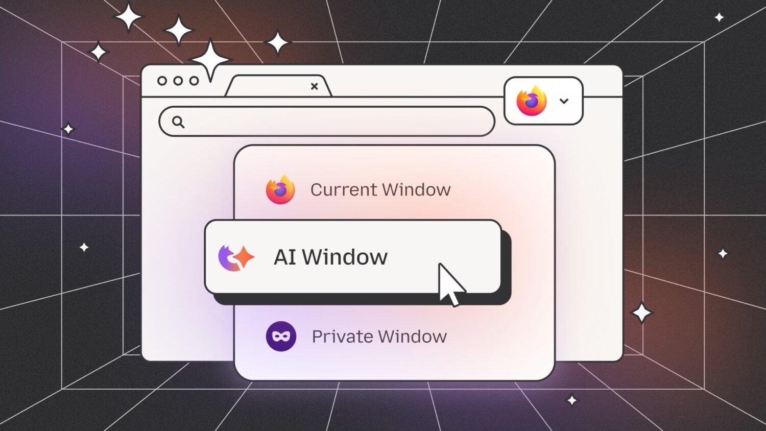Een browservenster van de computer toont opties: Huidig venster, AI-venster en Privé-venster, waarbij de cursor AI-venster selecteert. Het Firefox-logo is duidelijk zichtbaar.