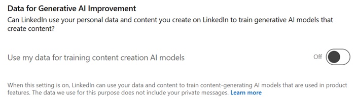 Een instellingenscherm van LinkedIn toont een optie om persoonlijke gegevens toe te staan voor het trainen van AI-modellen voor het maken van content, met de toggle uitgeschakeld, wat de toewijding van LinkedIn aan de privacy van gebruikers benadrukt.