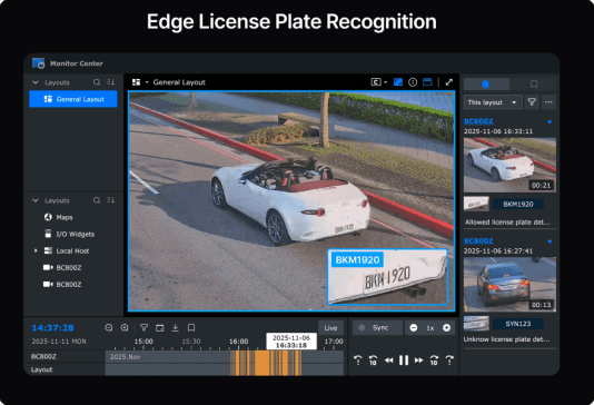 Een computerscherm toont Synology kentekenherkenningssoftware die videobeelden analyseert van een witte cabriolet op straat, met het kenteken BKM1920 gemarkeerd.