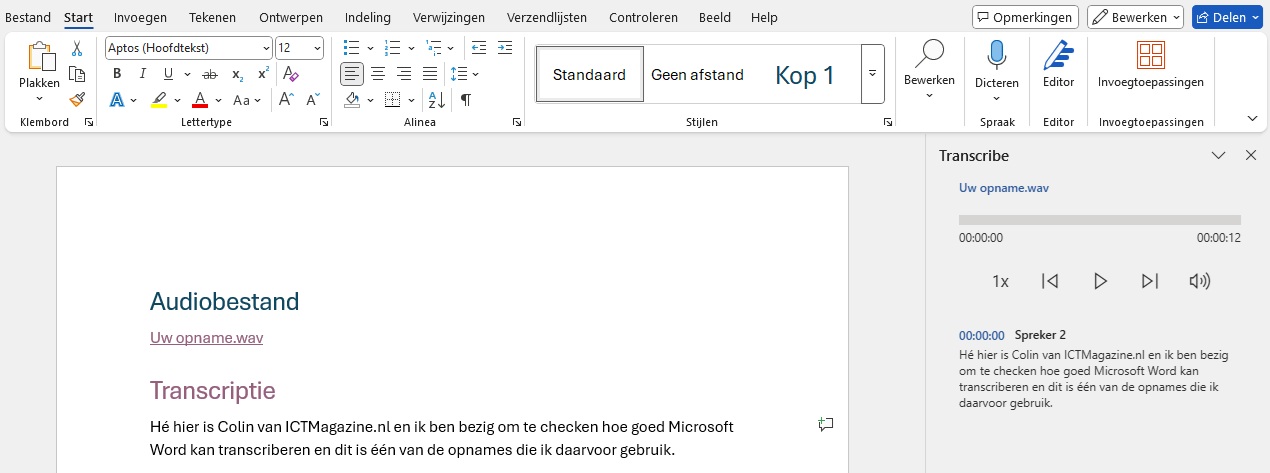 Schermafbeelding van een Word-document in het Nederlands met het deelvenster transcriberen (audiotranscriptie), tekst en interface-opties in Microsoft Word.