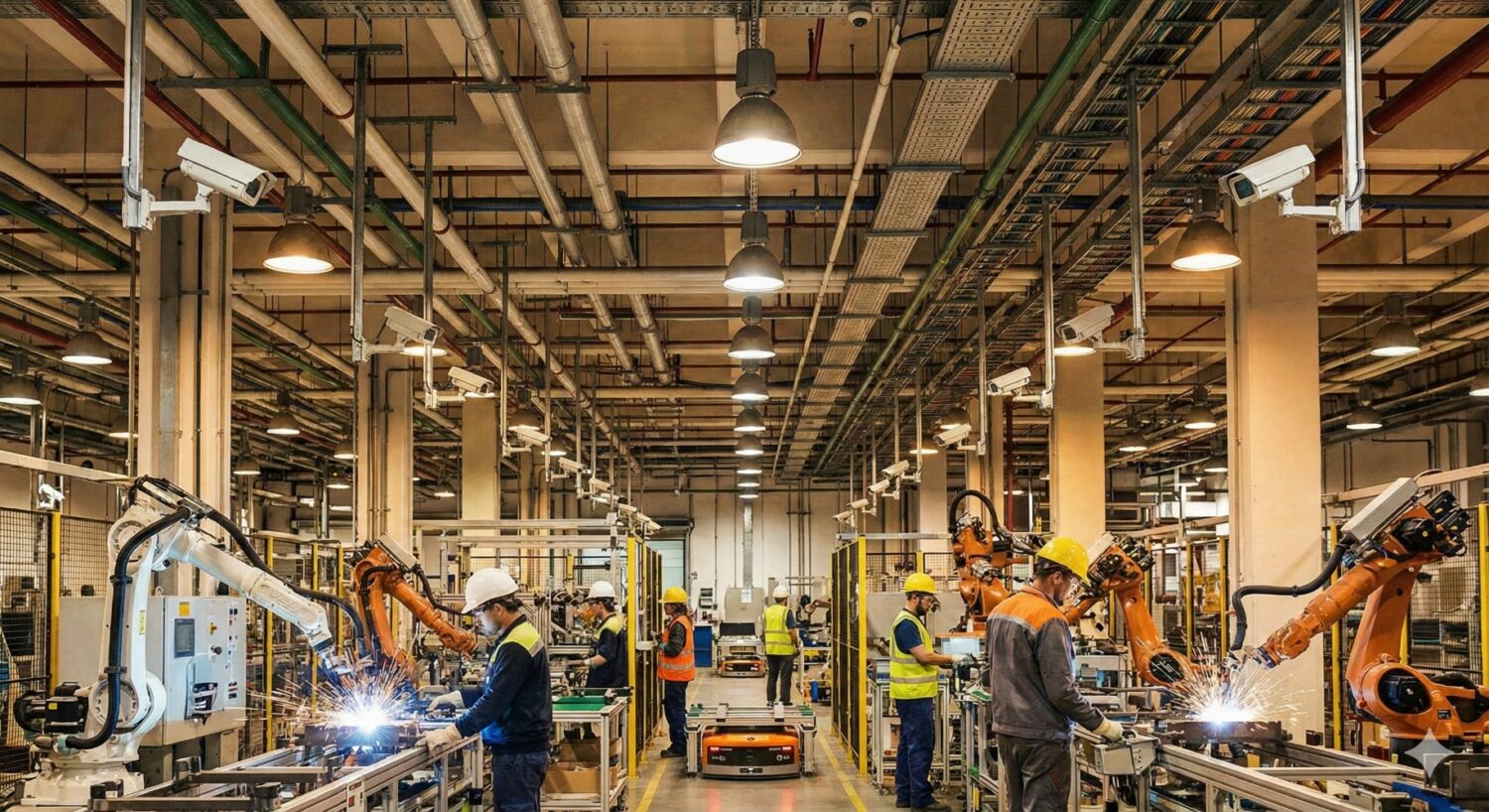 Werknemers in veiligheidsuitrusting bedienen machines en houden toezicht op laswerkzaamheden met robotarmen in een industriële fabriek, waar een AI-camera het proces bewaakt onder helder bovenlicht.