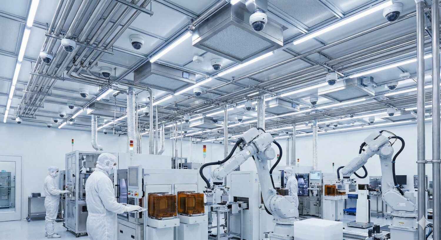 Werknemers in nette pakken bedienen robotarmen en met AI-camera's uitgeruste machines in een helder verlicht, hightech laboratorium of productiefaciliteit met blootliggende metalen buizen en apparatuur.