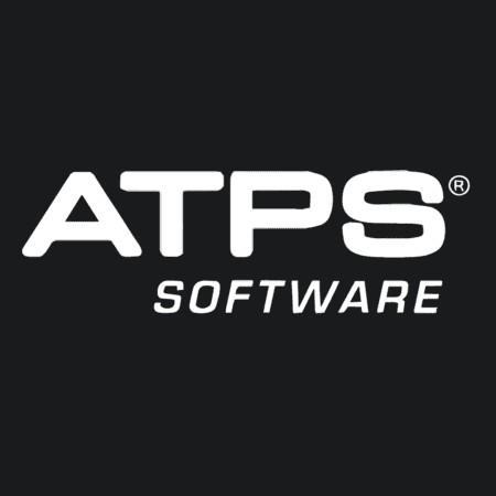 In het witte tekstlogo op een zwarte achtergrond staat "ATPS SOFTWARE" met "ATPS" in een groot vet lettertype boven "SOFTWARE" in een kleiner cursief lettertype.