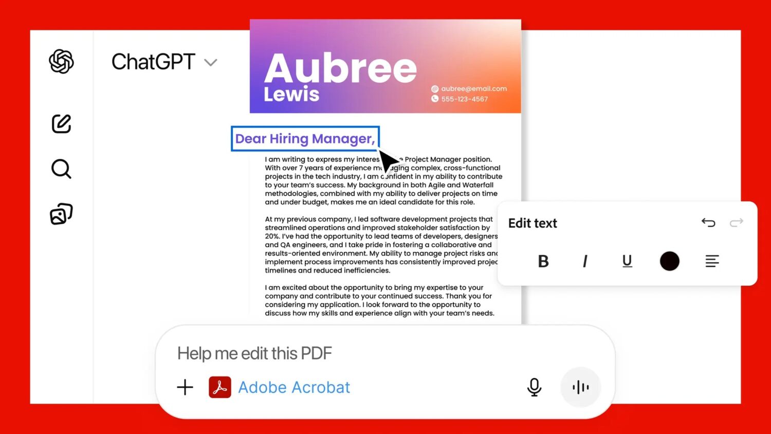 Een PDF begeleidende brief geadresseerd aan "Geachte aanwervende manager" is geopend op een computerscherm, met onderaan bewerkingsopties voor tekst met behulp van Adobe Acrobat.