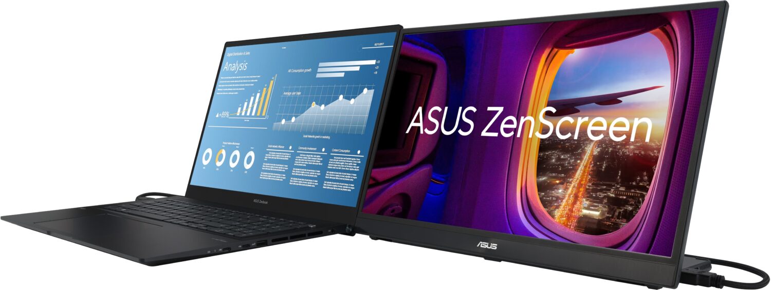 Een zwarte laptop die is aangesloten op een draagbare monitor toont grafieken op het scherm, terwijl de draagbare ASUS ZenScreen-monitor een afbeelding met reisthema toont.