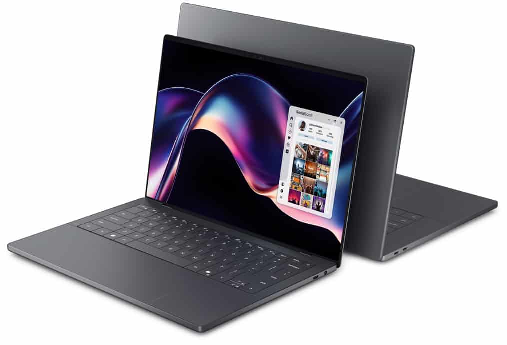 Er worden twee slanke, dunne Dell laptops in het grijs getoond: de ene kijkt naar voren met een kleurrijk scherm, de andere toont de achterkant.