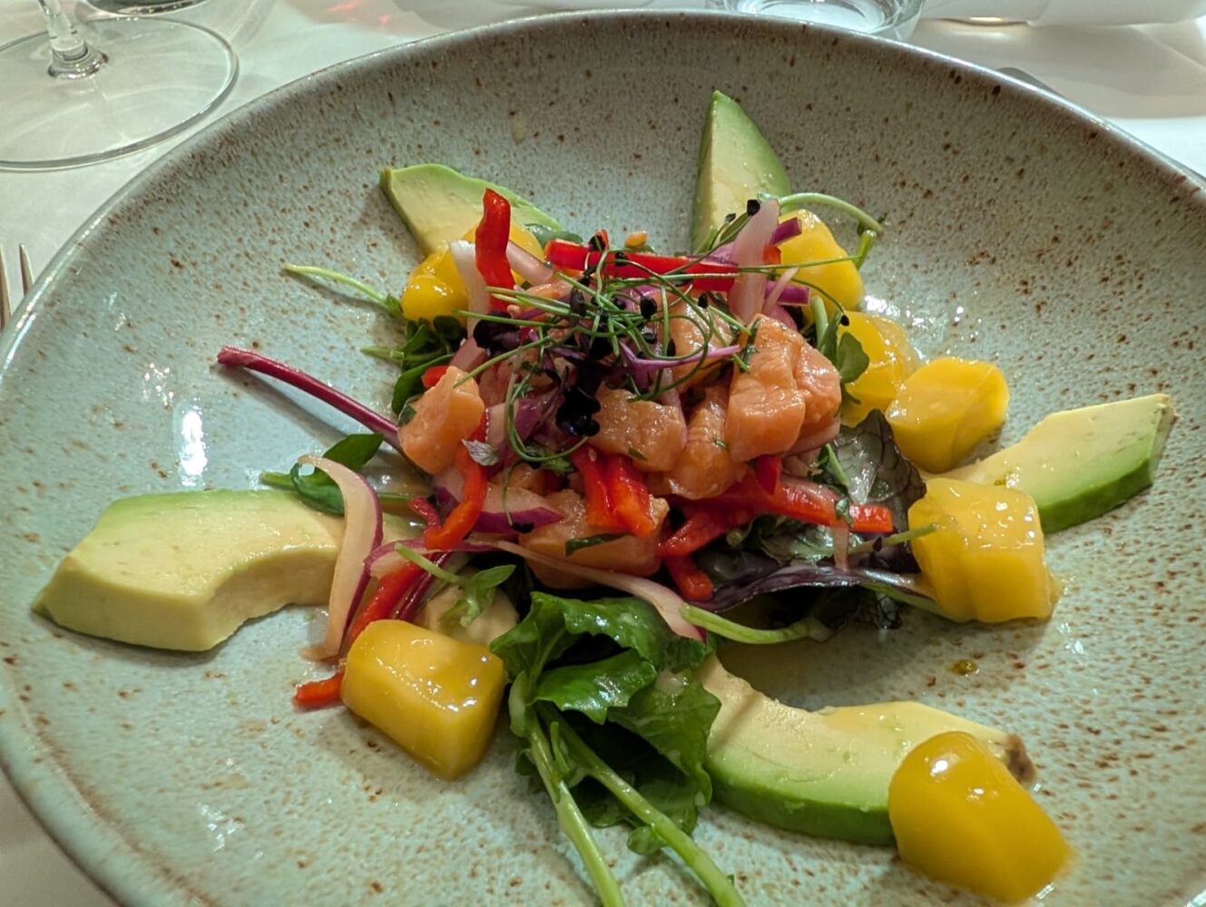 Een bord met gesneden avocado, in blokjes gesneden mango, gemengde groenten, rode uien, rode paprika en stukjes rauwe zalm, gegarneerd met microgroenten - perfect in scherp detail vastgelegd met de Google Pixel 10 Pro.