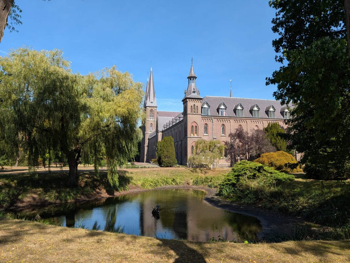 Een groot bakstenen gebouw met hoge torenspitsen staat achter een kleine vijver en bomen onder een helderblauwe lucht, perfect vastgelegd met de helderheid van de Google Pixel 10 Pro.