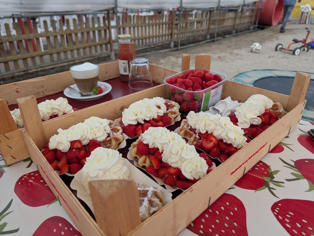 Een houten krat gevuld met borden wafels met aardbeien en slagroom staat op een tafel bedekt met een doek met aardbeienpatroon; een schaal aardbeien, een drankje en een Google Pixel 10 Pro staan in de buurt.