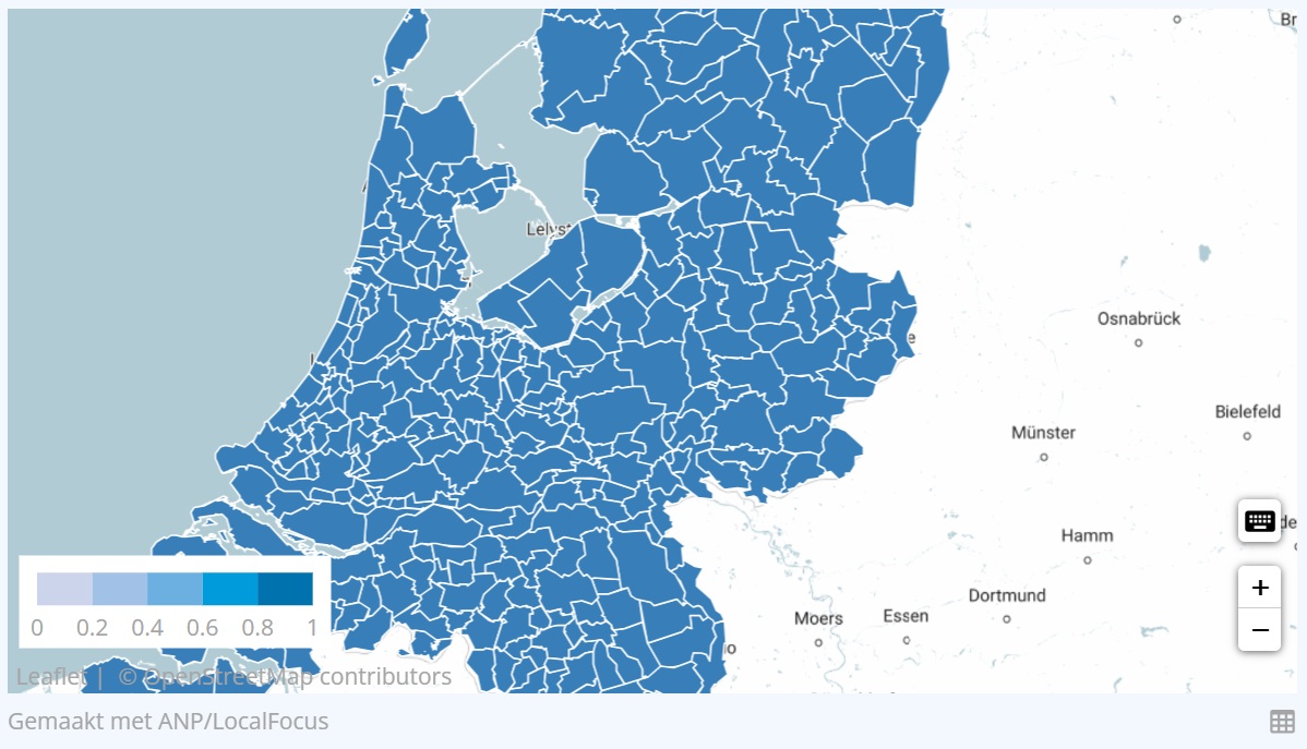 Een kaart van Nederland met verschillende regio's in verschillende tinten blauw gearceerd, met een legenda die waarden aangeeft van 0,2 tot 0,8.