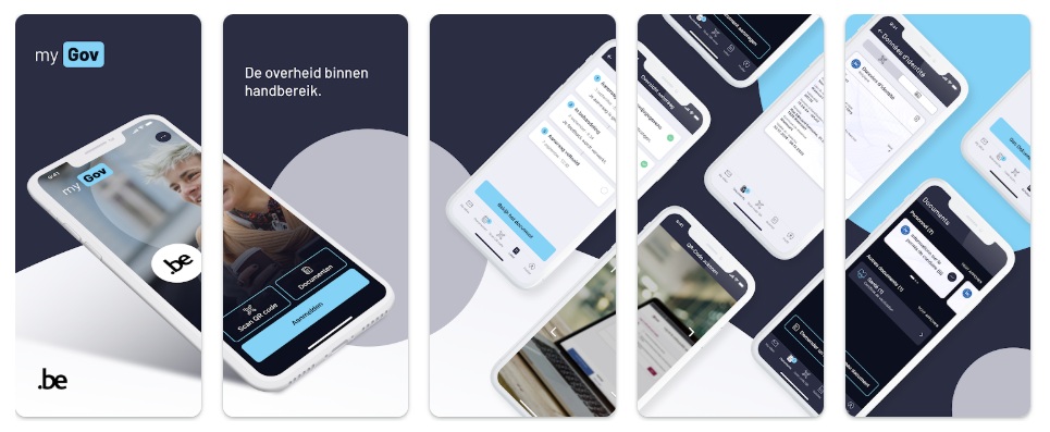 Een reeks smartphoneschermen toont de interface van de myGov.be app met menu's, formulieren en berichtenfuncties, vergezeld van de tekst "De overheid binnen handbereik.