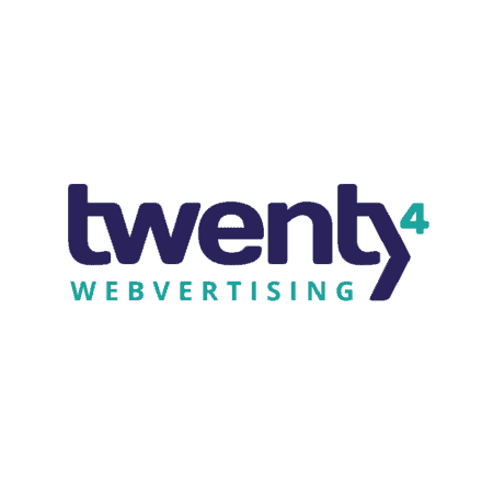 Logo voor "twenty4 WEBVERTISING" met "twintig" in donkerblauw, het cijfer 4 in groenblauw superscript en "WEBVERTISING" in groenblauw eronder op een witte achtergrond.
