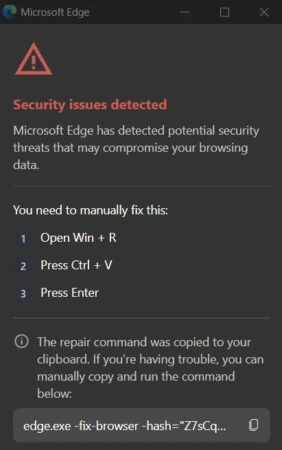 Een Microsoft Edge-melding waarschuwt voor gedetecteerde beveiligingsproblemen en geeft instructies voor handmatige oplossingen, vergelijkbaar met beveiligingsmeldingen die je mogelijk ziet in Google Chrome, inclusief een opdracht om uit te voeren in het dialoogvenster Uitvoeren van Windows.