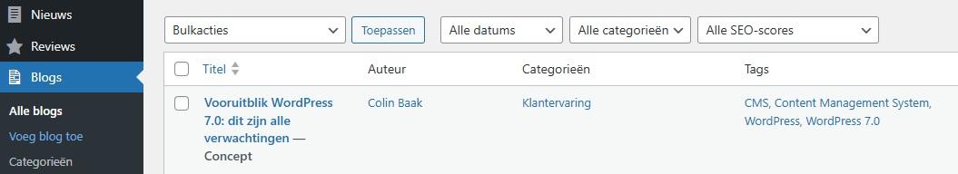 Screenshot van een WordPress admin paneel met de "Blogs" sectie met één concept post, met filters voor bulkacties, datums, categorieën en SEO scores in het WordPress dashboard.