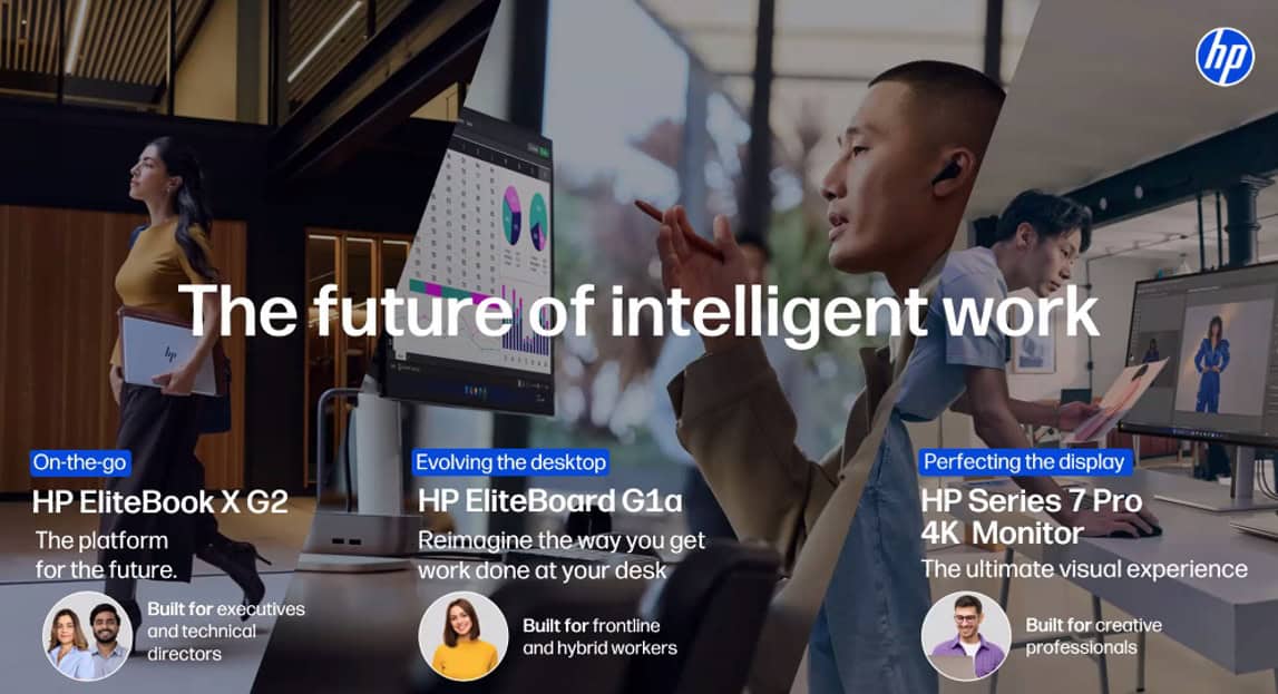 Drie professionals gebruiken apparaten van Hewlett Packard voor hun werk: een laptop, een interactief bord en een 4K-monitor, elk tentoongesteld in een moderne werkruimte met hoogtepunten van hun functies.