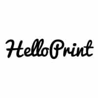 Zwart cursief tekstlogo met de tekst "HelloPrint" op een witte achtergrond.