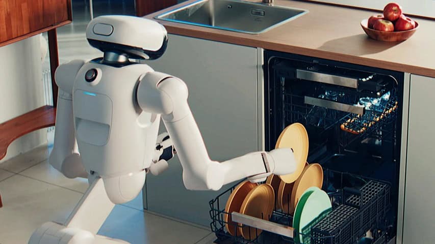 Een humanoïde robot laadt borden in een vaatwasser in een moderne keuken.
