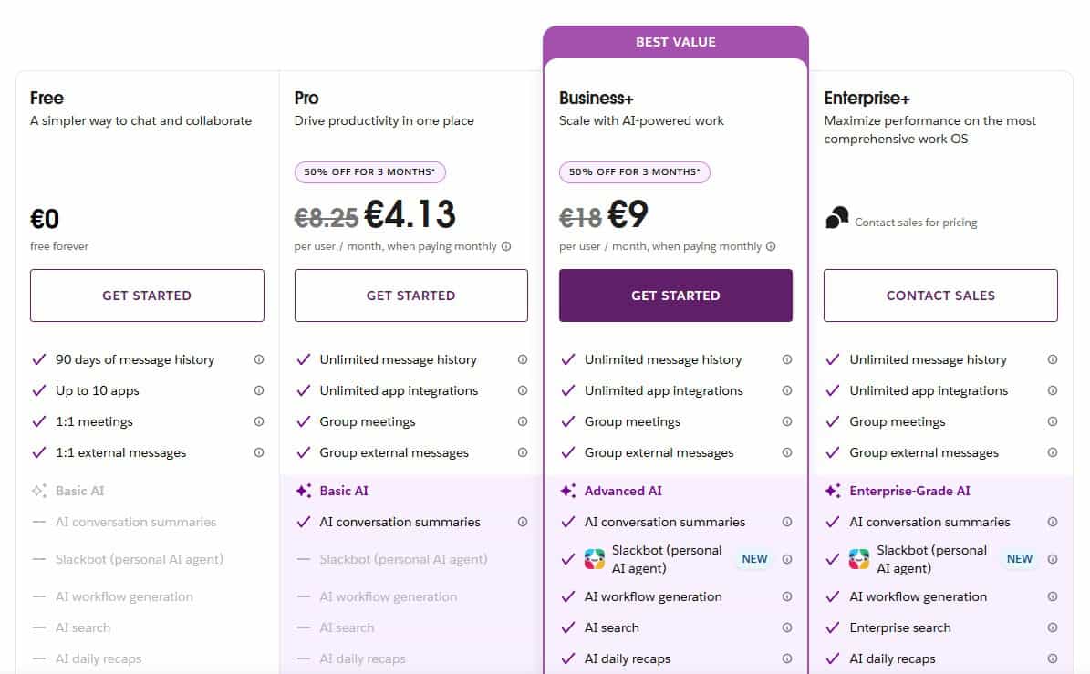 Een vergelijkingstabel van vier abonnementen met functies en maandelijkse prijzen voor de niveaus Free, Pro, Business+ en Enterprise+. Het Business+ plan is gemarkeerd als "Beste waarde.
